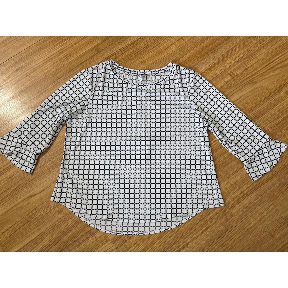 Elle Bell‎ Sleeve Blouse Women's XL Black White Geometric Print Curved Hem Top